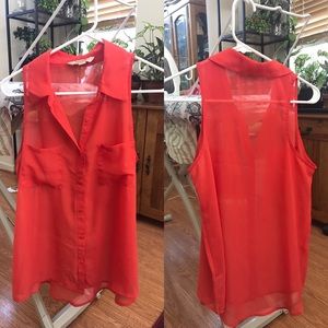 Red-orange sheer collared sleeveless blouse